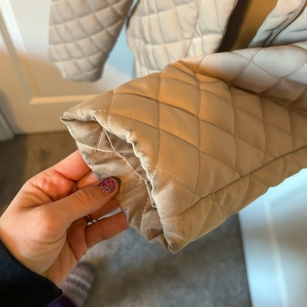 Beige Calvin Klein hooded zip up, puffer jacket with fur lining